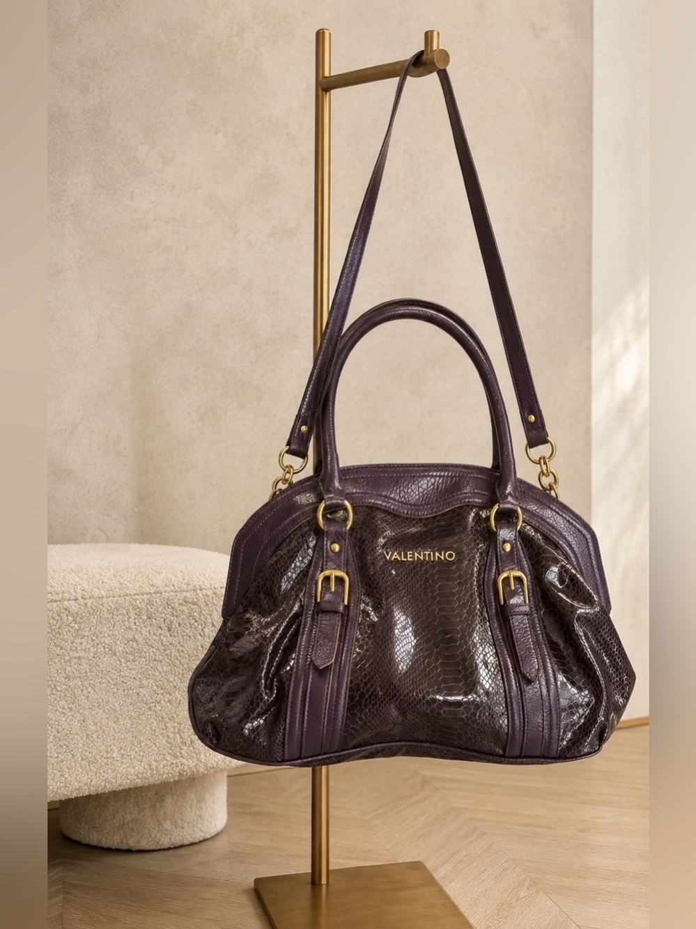 Black & Deep Plum Patent Snake-Effect Shoulder Bag with Gold Hardware